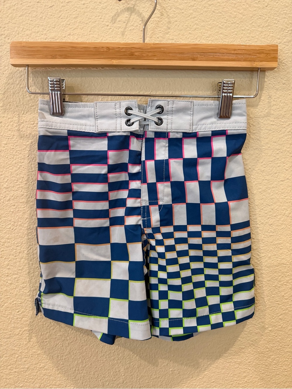 Vans Boys Blue White Checkerboard Swim Trunks with Pink and Lime Accents